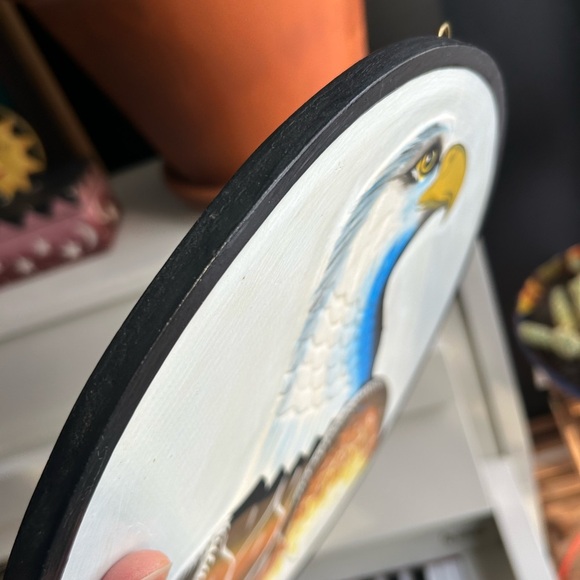 Vintage 11.75" Handpainted Eagle Wall Art White, Blue, Brown, Yellow Indonesia - Picture 13 of 14